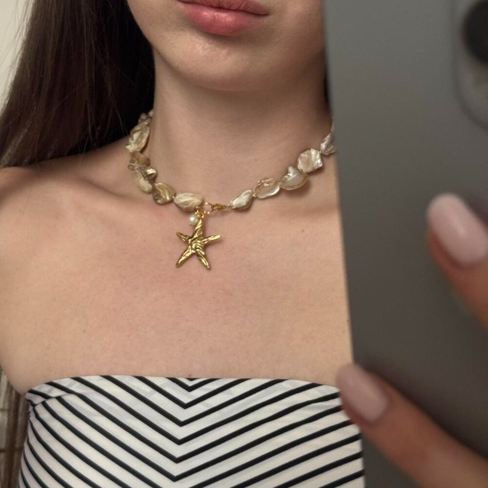 Sku:0178 vintage vibe necklace a gold pendant starfish natural cream pearl stone - Picture 3 of 5